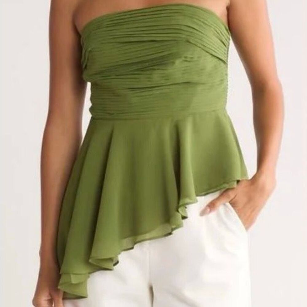Parker Delilah Olive Green Strapless Pleat Asymmetric Hem Chiffon Top NWT Size 6